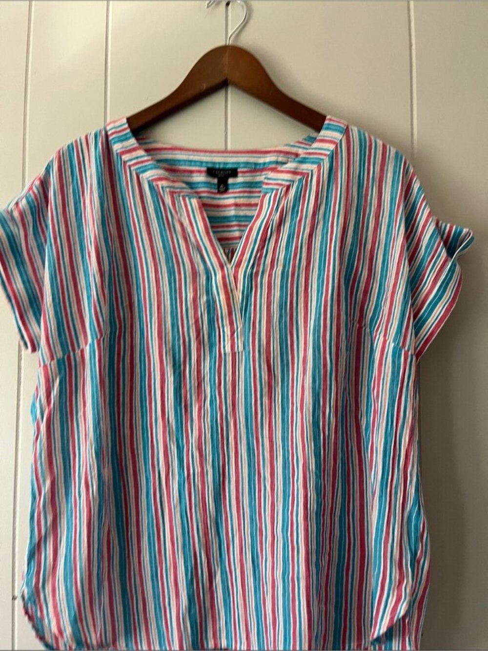 Pink & Aqua Striped Short-Sleeve V-Neck Tunic